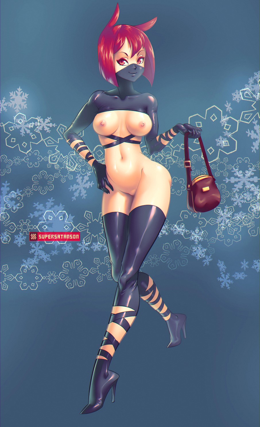 female high_heels latex ninjakitty_(character) original pose pussy red_eyes red_hair revealing_clothes supersatanson