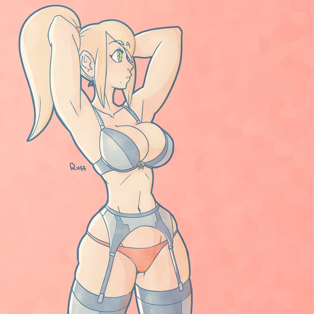 1girls, 2018, big breasts, bra, breasts, female, female only, lingerie, long hair, metroid, nintendo, panties, ruff-sketches, ruffsketches (artist), samus aran, solo, stockings, thighhighs, zero suit, zero suit samus