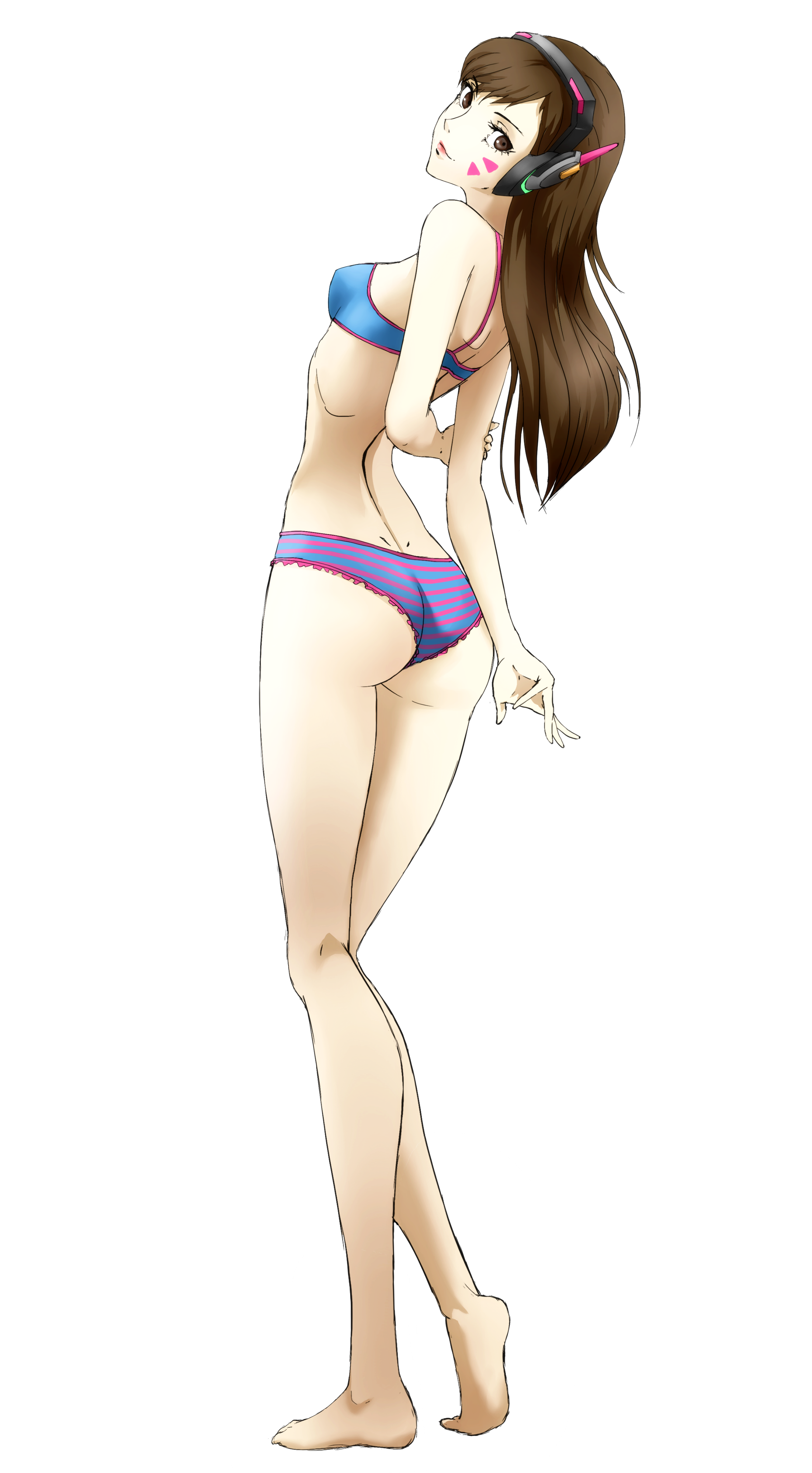 1girls, 2018, 2d, 2d (artwork), ass, back view, bikini, bra, breasts, brown eyes, brown hair, d.va, female, female only, headset, heroine, human, human female, human only, light skin, light-skinned female, long hair, looking at viewer, looking back, no sex, overwatch, ozkh, panties, simple background, small breasts, smile, smiling at viewer, solo, solo female, standing, striped panties, video game character, white background
