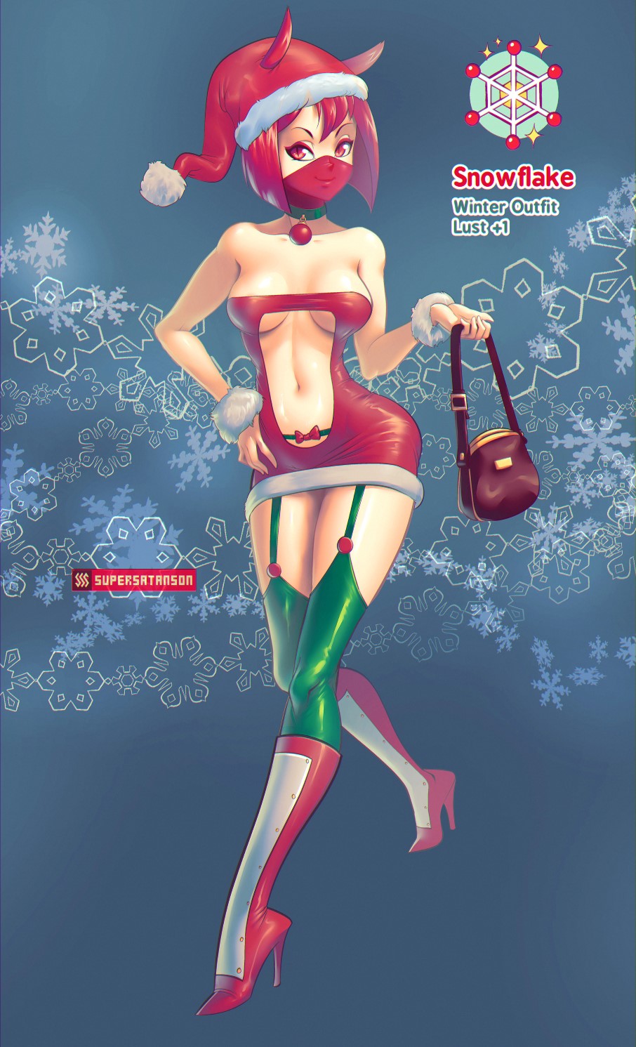 christmas female high_heels ninjakitty_(character) original pose red_eyes red_hair revealing_clothes santa_hat snowflake supersatanson