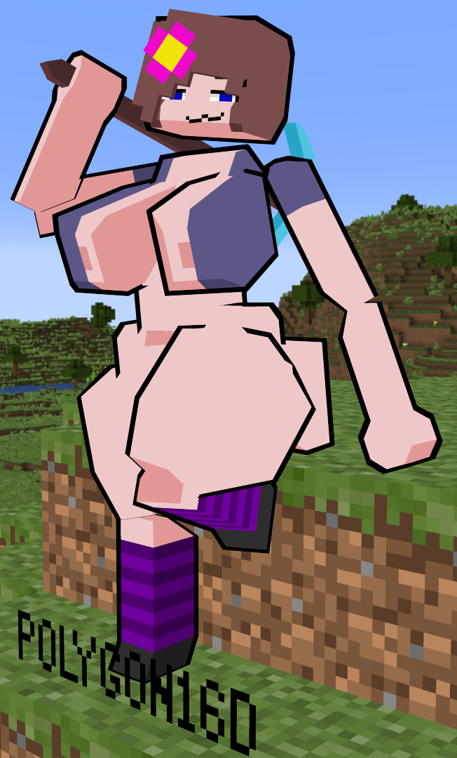 1girls :3 big_ass big_breasts bottomless jenny_belle_(slipperyt) looking_at_viewer minecraft nip_slip nipples pickaxe pickaxe_(minecraft) solo striped_legwear wide_hips