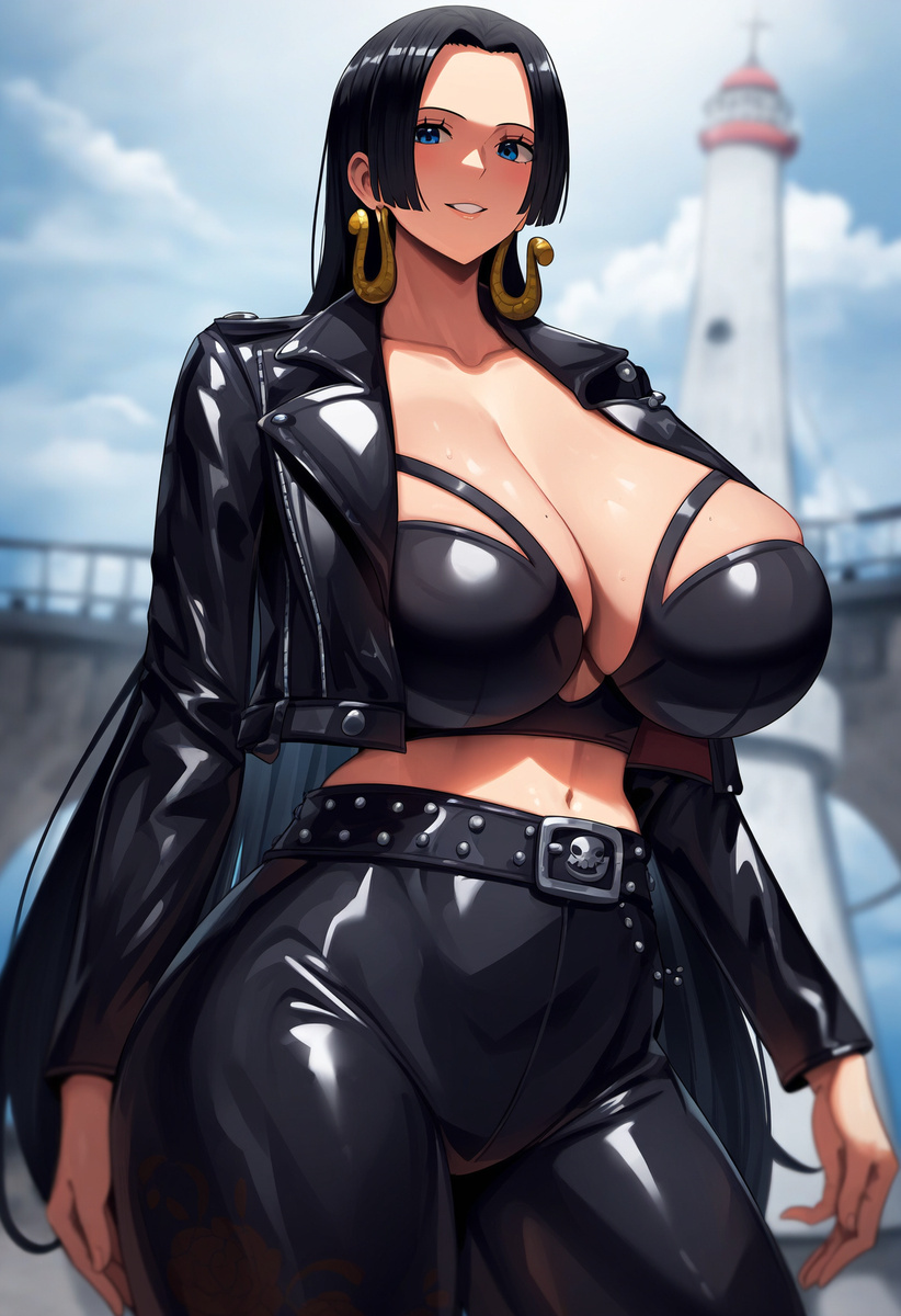 ai_due ai_generated athletic_female black_hair blue_eyes boa_hancock bra earrings female female_only gigantic_breasts huge_breasts jacket jeans light-skinned_female light_skin long_hair looking_at_viewer massive_breasts mature_female one_piece shounen_jump smiling voluptuous voluptuous_female