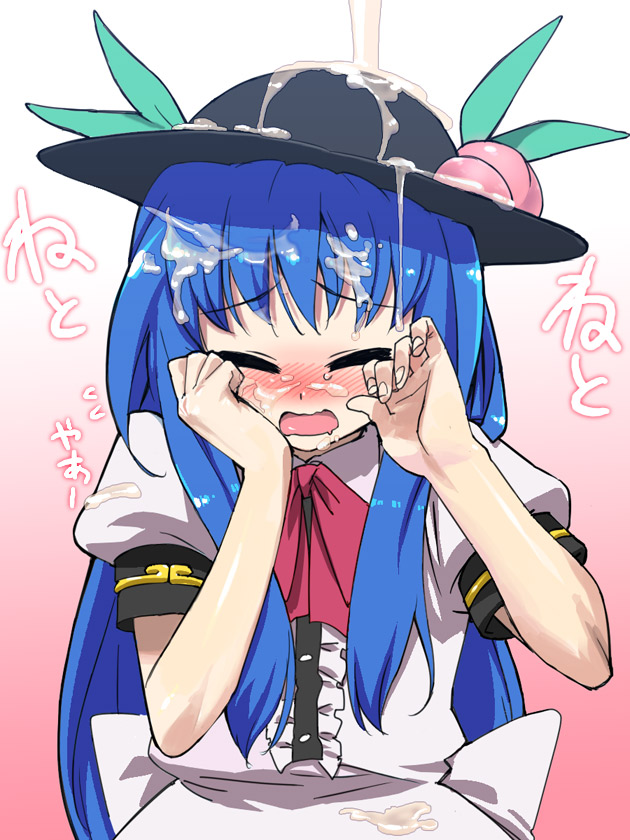 blue_hair closed_eyes cum cum_on_blue_hair cum_on_hair hat long_blue_hair long_hair open_mouth tears tenshi_hinanawi tonbi touhou