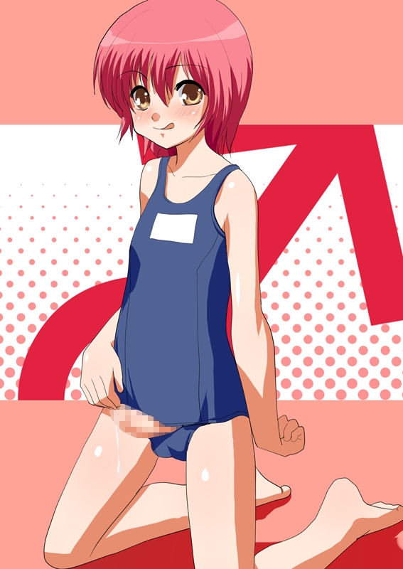 1boy censored copyright_request crossdressing crossdressing_male femboy human human_only male male_only one-piece_swimsuit penis red_hair sakuno school_swimsuit short_hair solo solo_male sukumizu_flap swimsuit