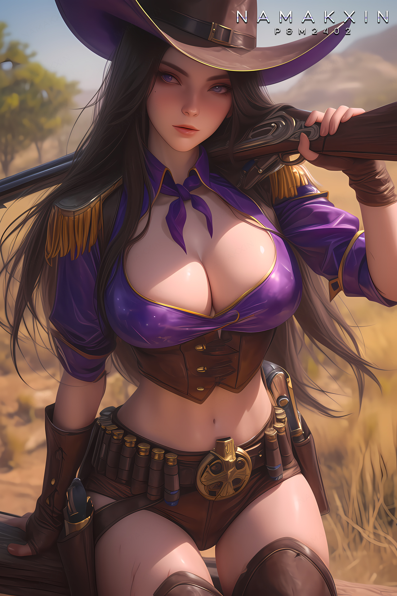 ai generated, caitlyn kiramman, cleavage, female, female only, fully clothed, holding weapon, league of legends, midriff, namakxin, outdoors, panties, revealing clothes, shiny clothes, shorts, skimpy clothes, tight clothing, weapon