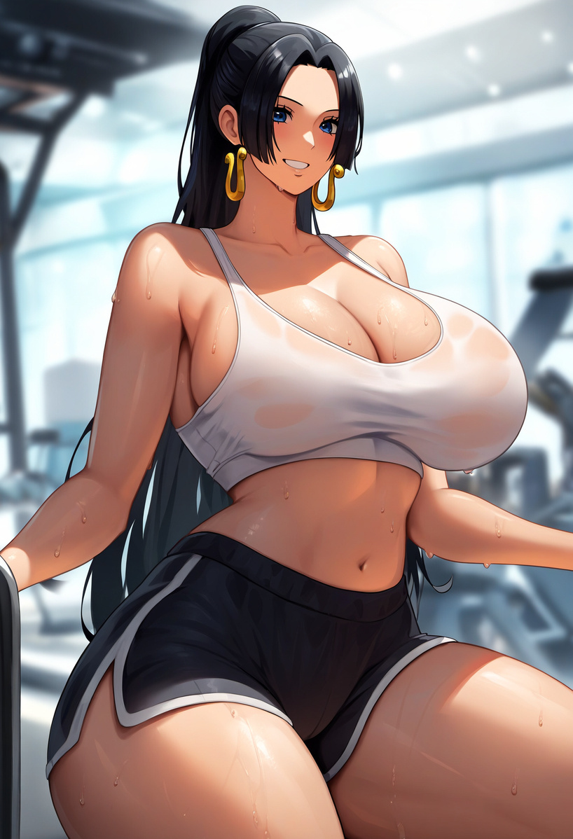 ai_due ai_generated bare_legs black_hair blue_eyes boa_hancock dolphin_shorts earrings female female_only gigantic_breasts gym_clothes gym_uniform huge_breasts light-skinned_female light_skin long_hair looking_at_viewer massive_breasts mature_female one_piece ponytail shounen_jump smiling squatting sweat sweatdrop thick_female thick_thighs thighs very_long_hair voluptuous voluptuous_female