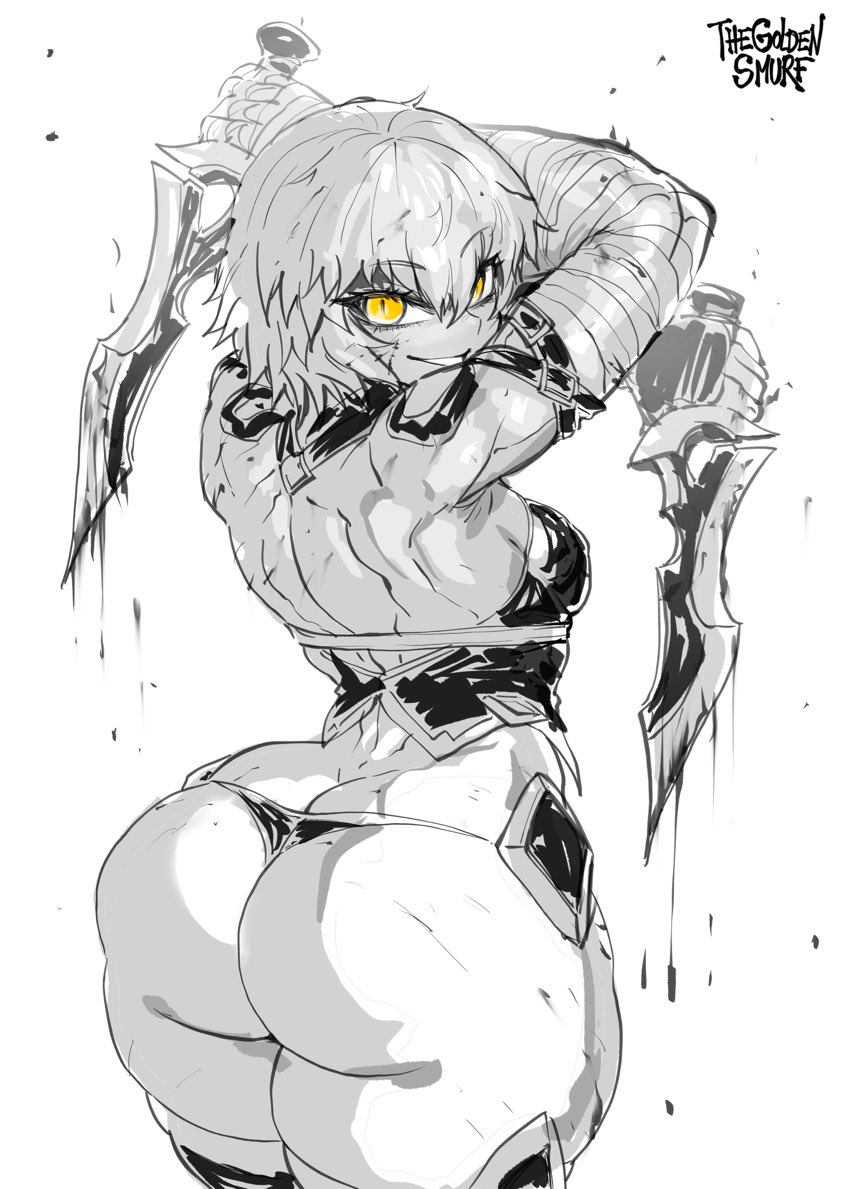 artist_logo artist_name artist_signature ass ass_focus barely_clothed black_and_white blades creepy_smile dumptruck_ass fate/apocrypha fate_(series) golden_eyes holding_object holding_weapon huge_ass jack_the_ripper_(fate/apocrypha) muscular_female pear-shaped_figure shortstack sketch small_female thegoldensmurf thick_thighs thong weapon