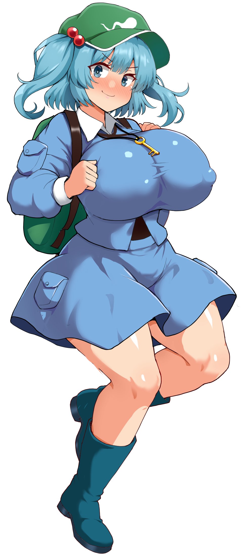 1girls big_breasts blue_eyes blue_hair boots breasts busty curvaceous curvy curvy_body curvy_female curvy_figure female halcachanel haruka_(haruka_channel) huge_breasts kawashiro_nitori key large_breasts nitori_kawashiro smile smiling thick_thighs thighs touhou voluptuous white_background