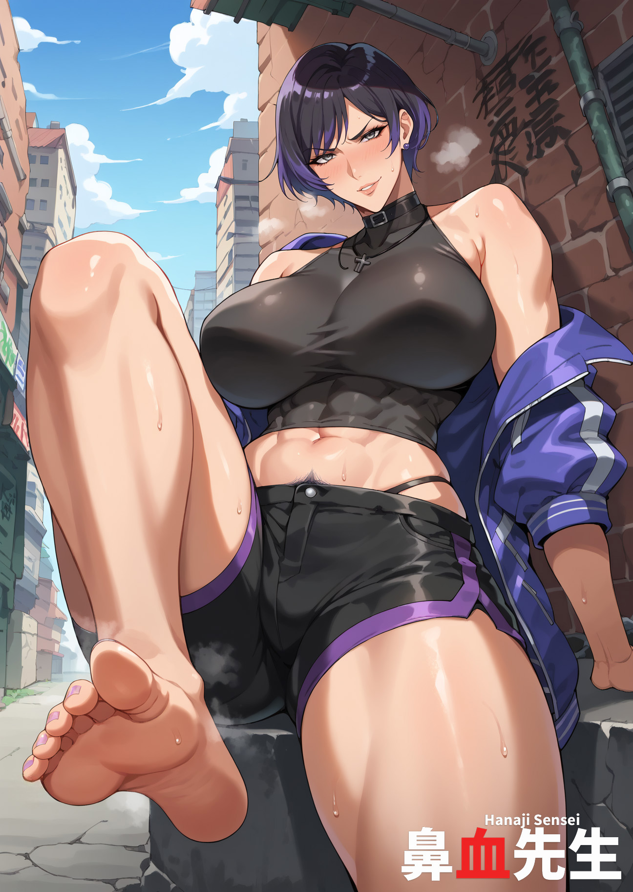 1girls, ai generated, black hair, breasts, feet, female, foot fetish, foot focus, hanajisensei, large breasts, multicolored hair, purple hair, reina mishima, tekken, tekken 8, thighs, 鼻血先生