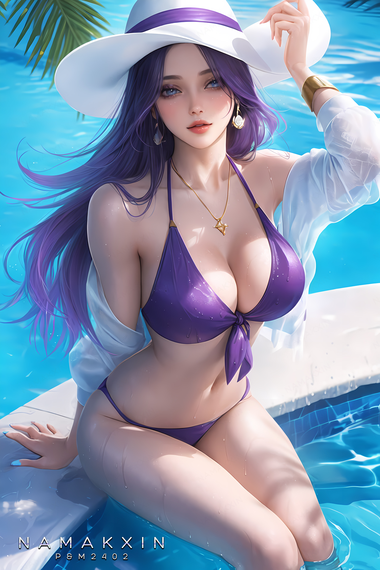 1girls, ai generated, arcane, artist name, bikini, blue eyes, caitlyn kiramman, earrings, female, league of legends, looking at viewer, namakxin, necklace, pool party caitlyn, pool party series, purple hair, solo