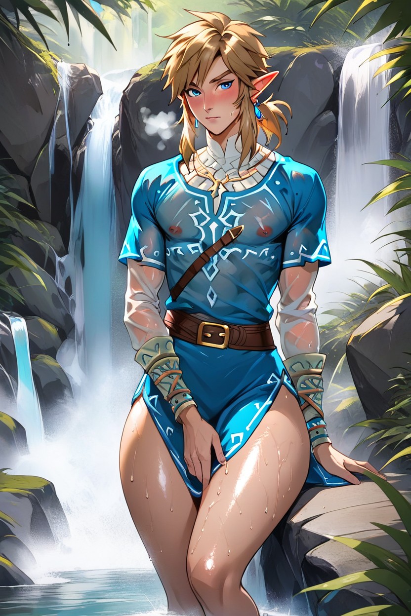 ai generated, ass, big ass, blush, bottomless, breath of the wild, embarrassed, femboy, femboy focus, femboy only, hand on penis, hiding erection, link, link (breath of the wild), male, nervous, penis, pointy ears, rcally, see-through, see-through clothing, the legend of zelda, thick thighs, trap, water, waterfall, wet clothes, wet clothing, wide hips