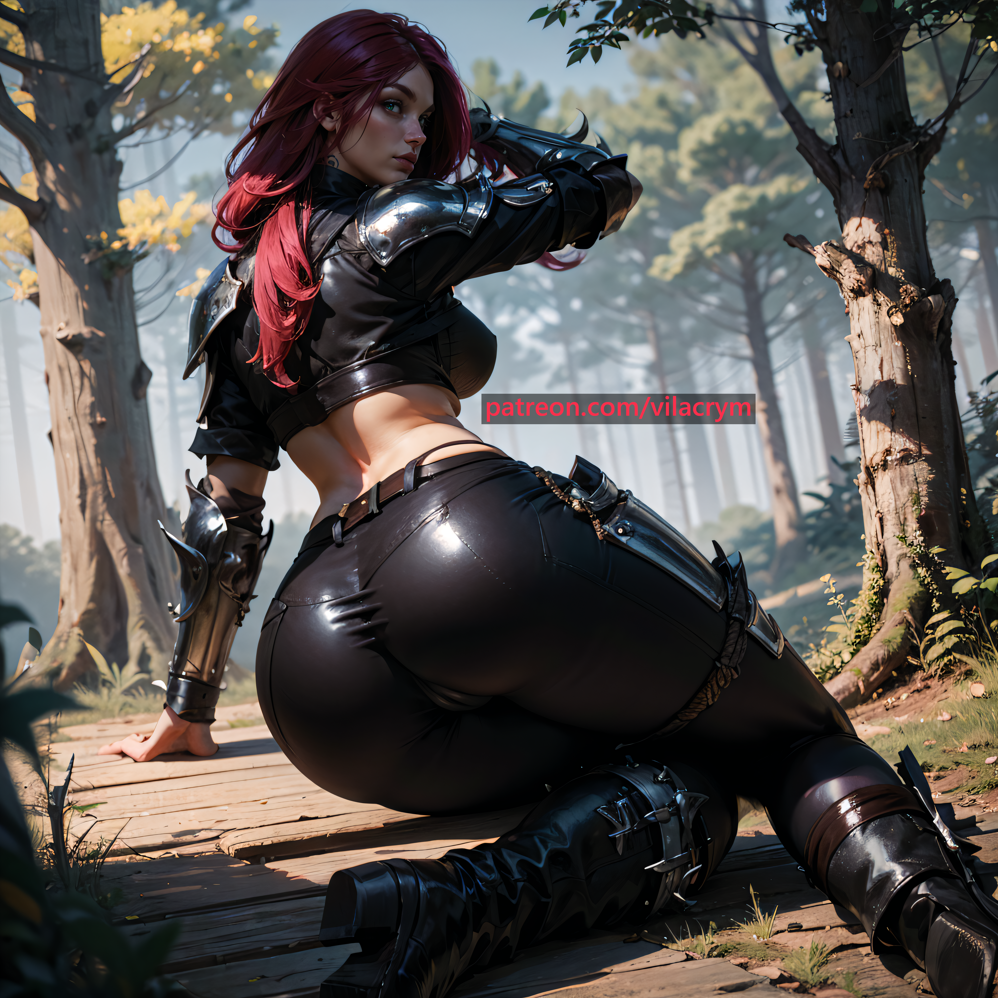 ai generated, ass, big ass, cameltoe, female, from behind, green eyes, katarina du couteau, league of legends, leather pants, pussy, red hair, stable diffusion, tight clothing, tight pants, vilacrym