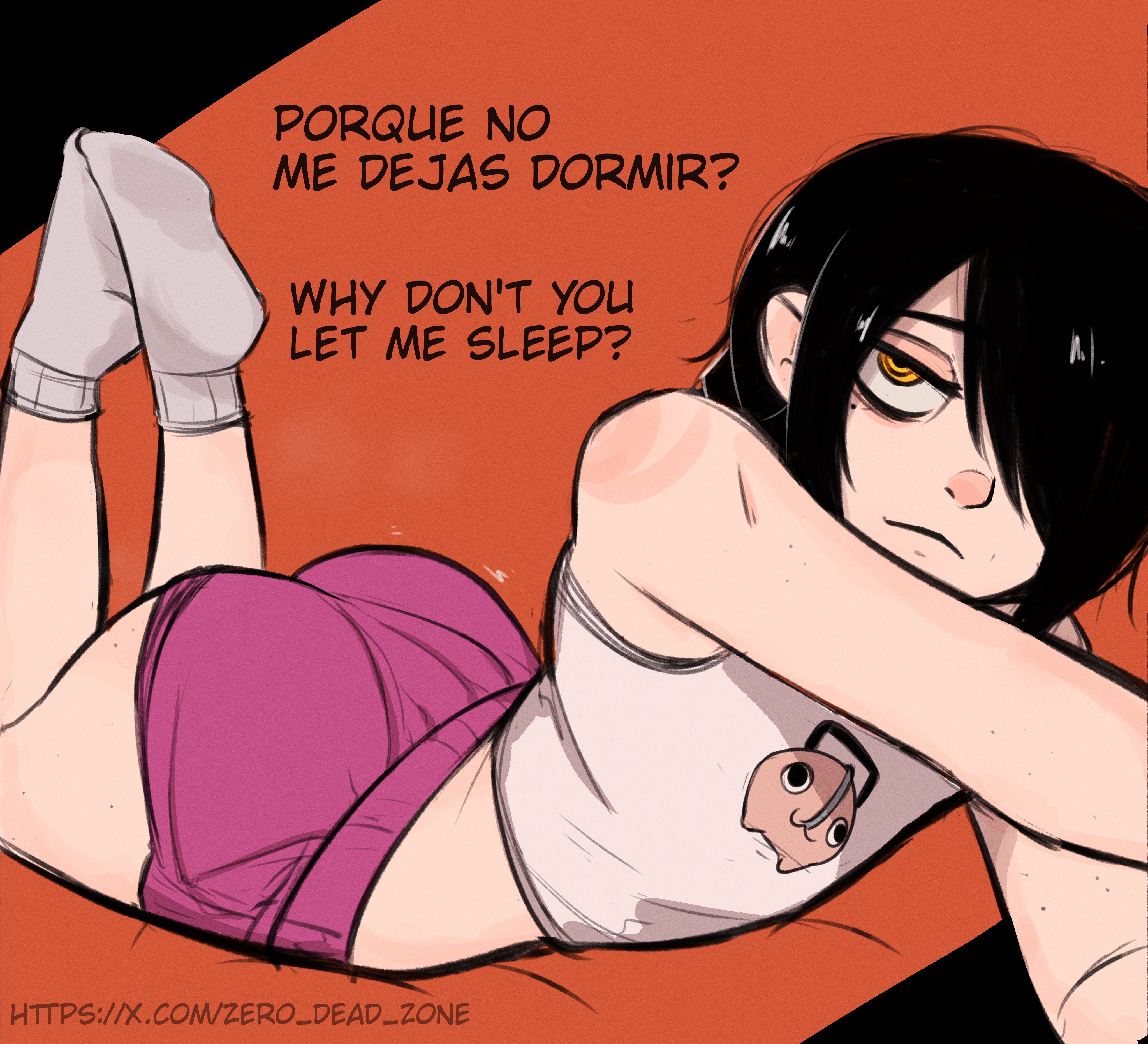 angry face, arched back, ass, ass up, athletic, athletic female, athletic wear, big ass, big butt, black hair, chainsaw man, female, nayuta (chainsaw man), on stomach, petite, presenting, presenting hindquarters, young female, zero dead zone