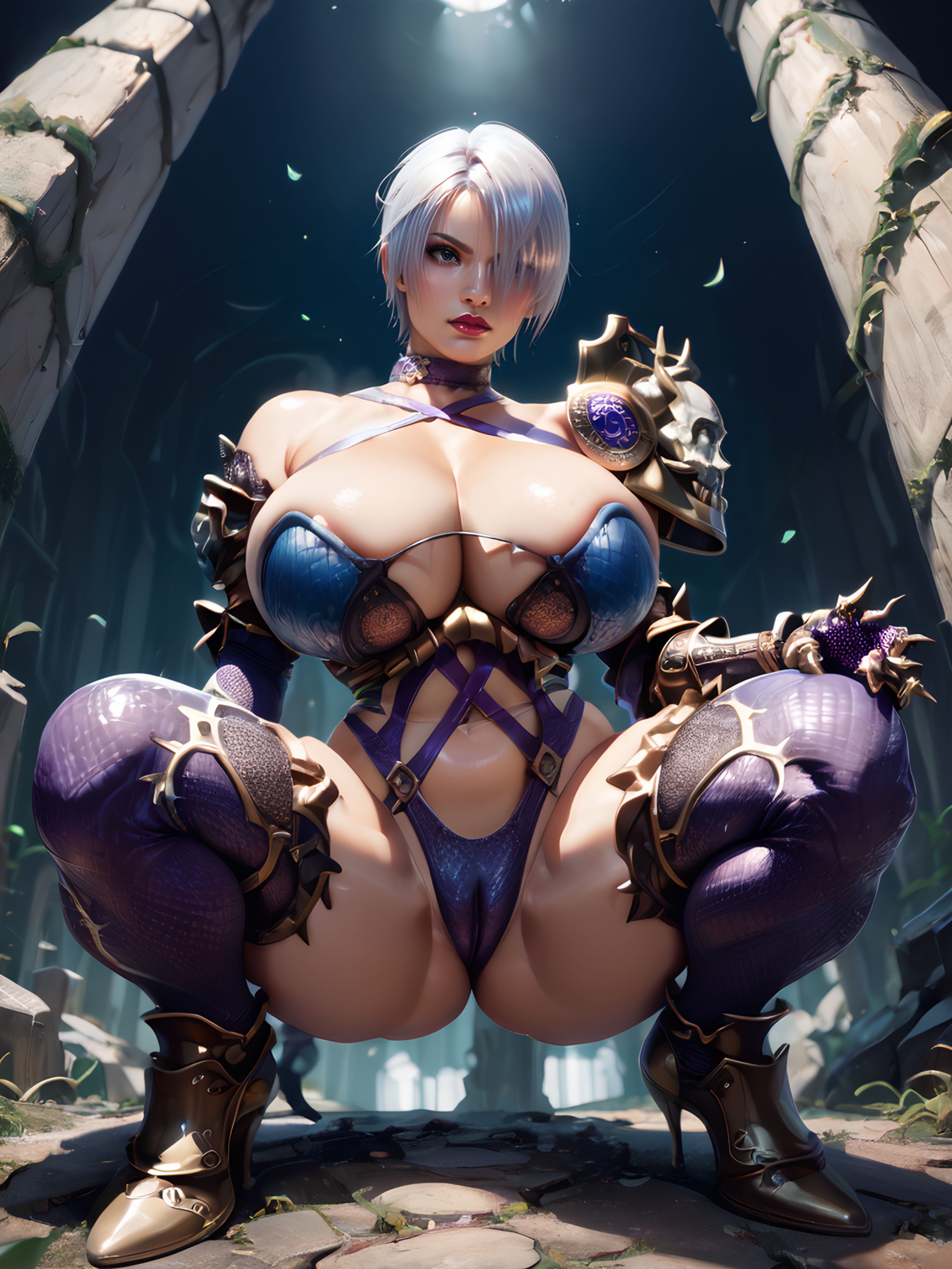 ai generated, ass, bandai namco, big ass, big breasts, bikini armor, breasts, cameltoe, female, huge breasts, isabella valentine, large breasts, pussy, short hair, skimpy armor, soul calibur, spread legs, squatting, thick thighs, white hair, wide hips, xrp7788