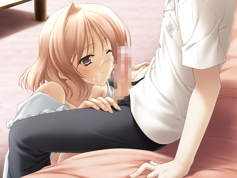 blush brown_hair censored cum facial female game_cg happy_facial kasugano_haruka male nogisaka_motoka open_fly penis school_uniform short_hair smile suzuhira_hiro wink yosuga_no_sora