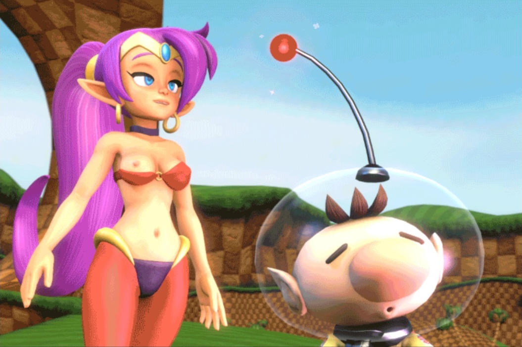 blue_eyes breasts_out brown_hair crossover earrings elf_ears green_hill_zone hocotatian hypnosis light nintendo olimar pikmin pleasure_face provocative_clothing purple_hair shantae shantae_(character) small_breasts smaller_male sonic_(series) spacesuit