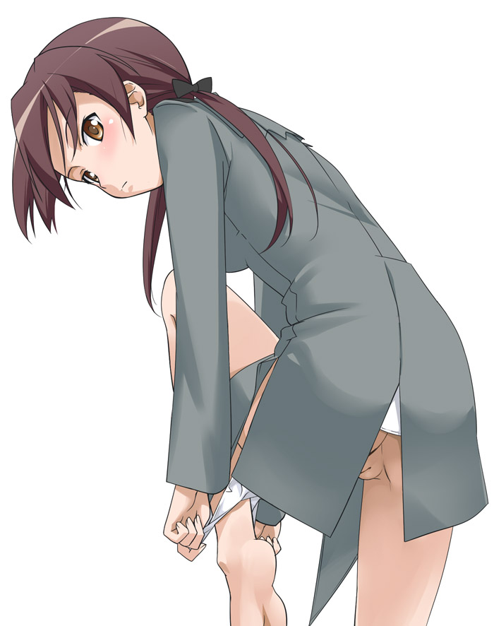 blush brown_eyes brown_hair clothing feet female gertrud_barkhorn long_hair looking_back no_panties panties panties_around_leg panties_around_one_leg panty_pull pussy shirt soles solo strike_witches uncensored underwear undressing youkan