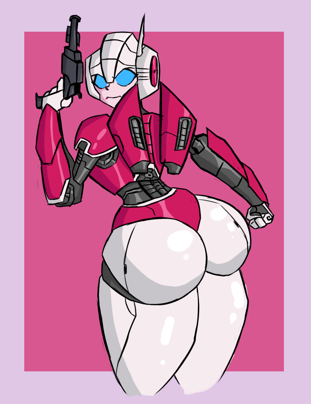 1girls annoyed arcee arcee_(g1) ass big_ass blue_eyes female female_only gun izrredman looking_back pistol rear_view robot robot_girl robot_humanoid solo solo_female thick_ass thick_thighs transformers