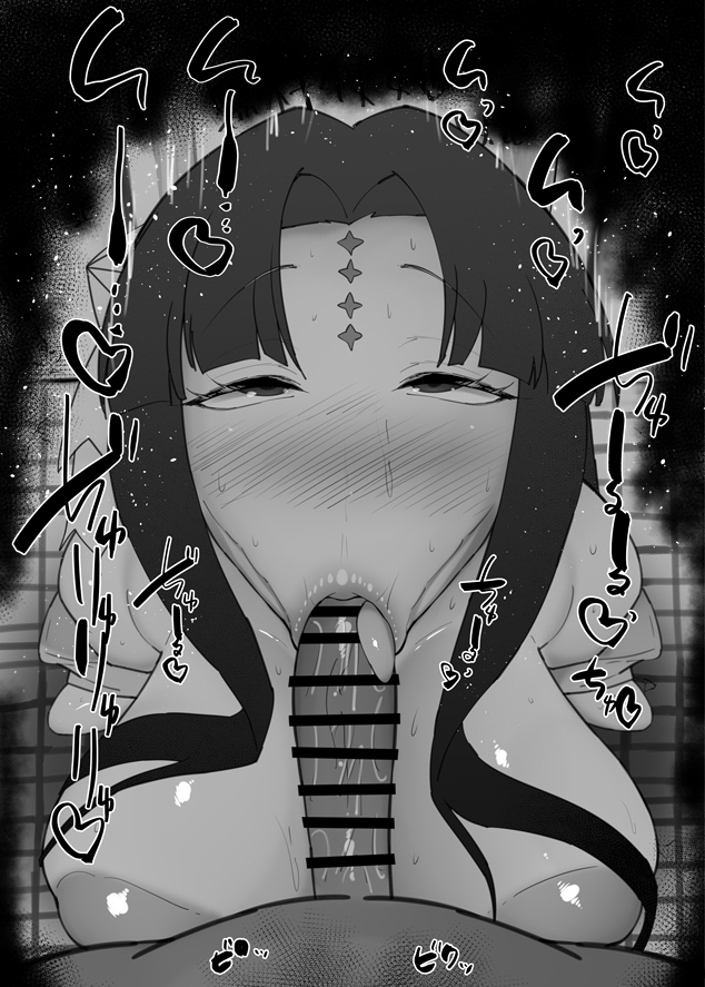 1boy :>= bar_censor black_hair blush breasts censored cross cross_facial_mark erection facial_mark fellatio female greyscale huge_nipples kurotama large_areolae large_breasts long_hair looking_at_viewer lord_enorme mahou_shoujo_ni_akogarete monochrome nipples nose_blush oral penis pointless_censoring pov pov_crotch puffy_nipples saliva solo_focus sound_effects star_(symbol) star_facial_mark straight sweat tanaka_michiko tile_floor tiles toilet toilet_stall very_long_hair