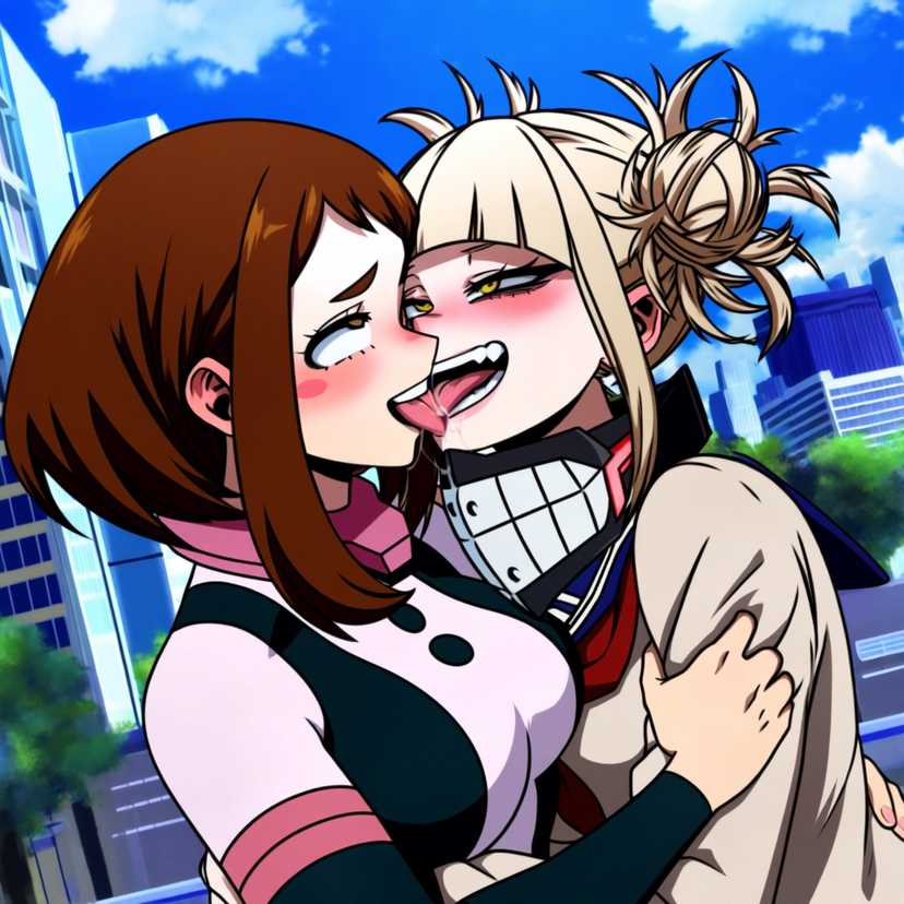 ahe_gao ai_generated boku_no_hero_academia french_kissing himiko_toga kissing my_hero_academia ochako_uraraka powerhouserift sloppy tongue_kiss tongue_touching_another's_tongue tongues_touching yuri