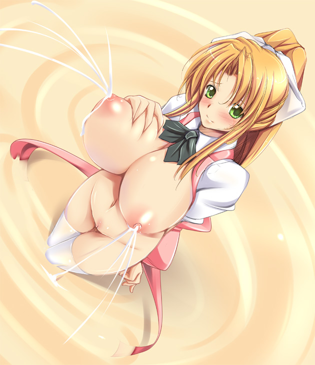 areolae bakunyuu blush bow breast_grab breasts copyright_request cute fct female green_eyes hairbow huge_breasts lactation long_hair milk navel nipples no_panties open_clothes open_shirt pussy pussy_juice sdp shirt solo thighhighs