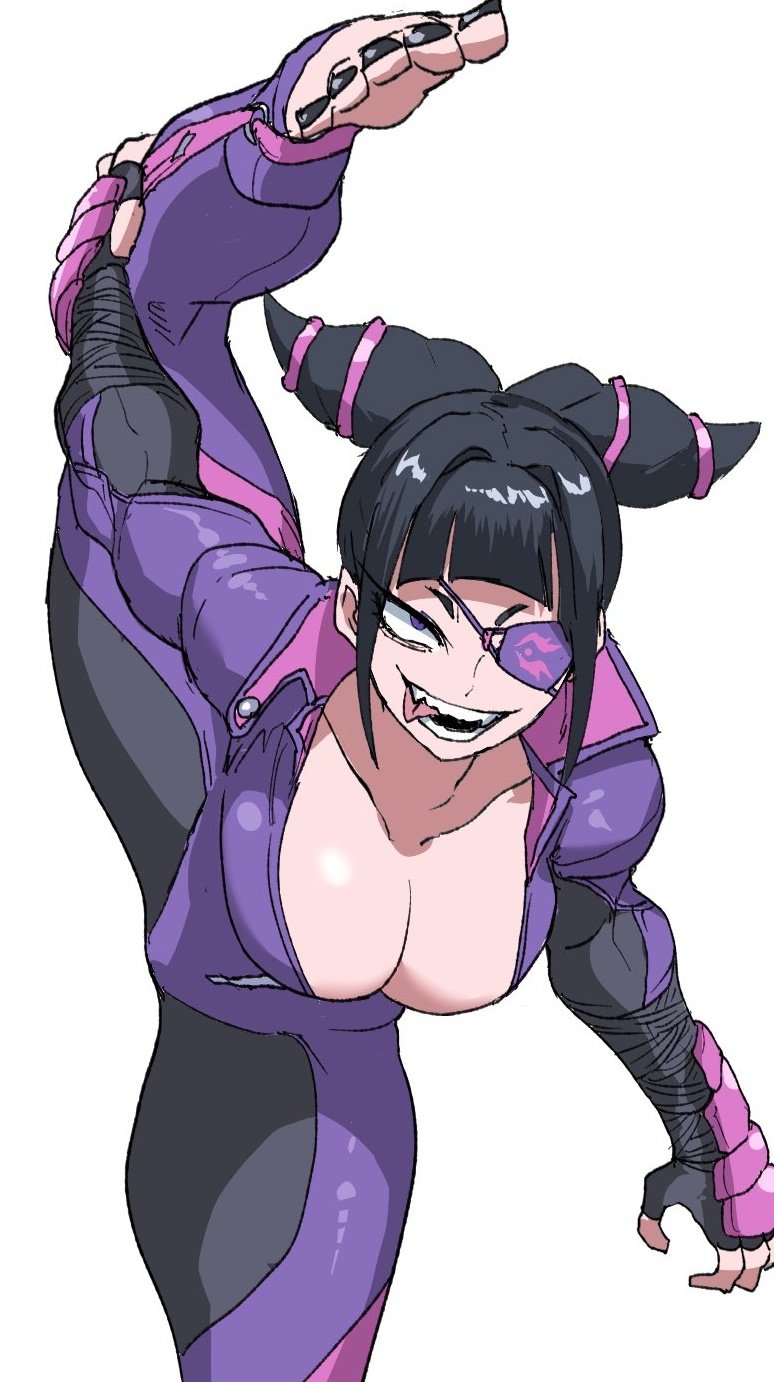 bent over, black hair, bodysuit, breasts, female, fingerless gloves, gloves, hand on own hip, highres, holding eyepatch, ilo a5, jumpsuit, juri han, looking at viewer, purple eyes, purple jumpsuit, raised eyebrow, street fighter, street fighter v