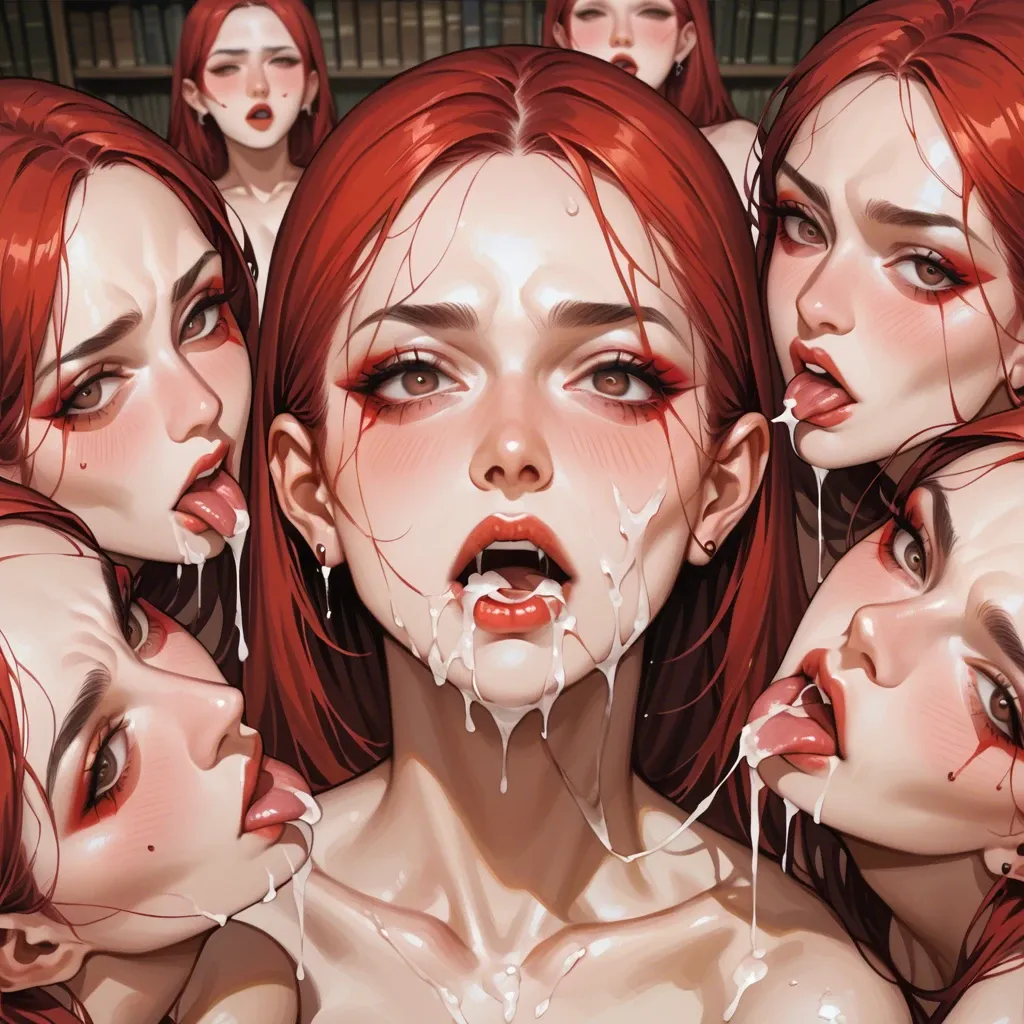 ai_generated allison_eckhart clone clones covered_in_cum earrings long_hair milf multiple_girls naked red_hair scp-2565 scp_foundation white_body