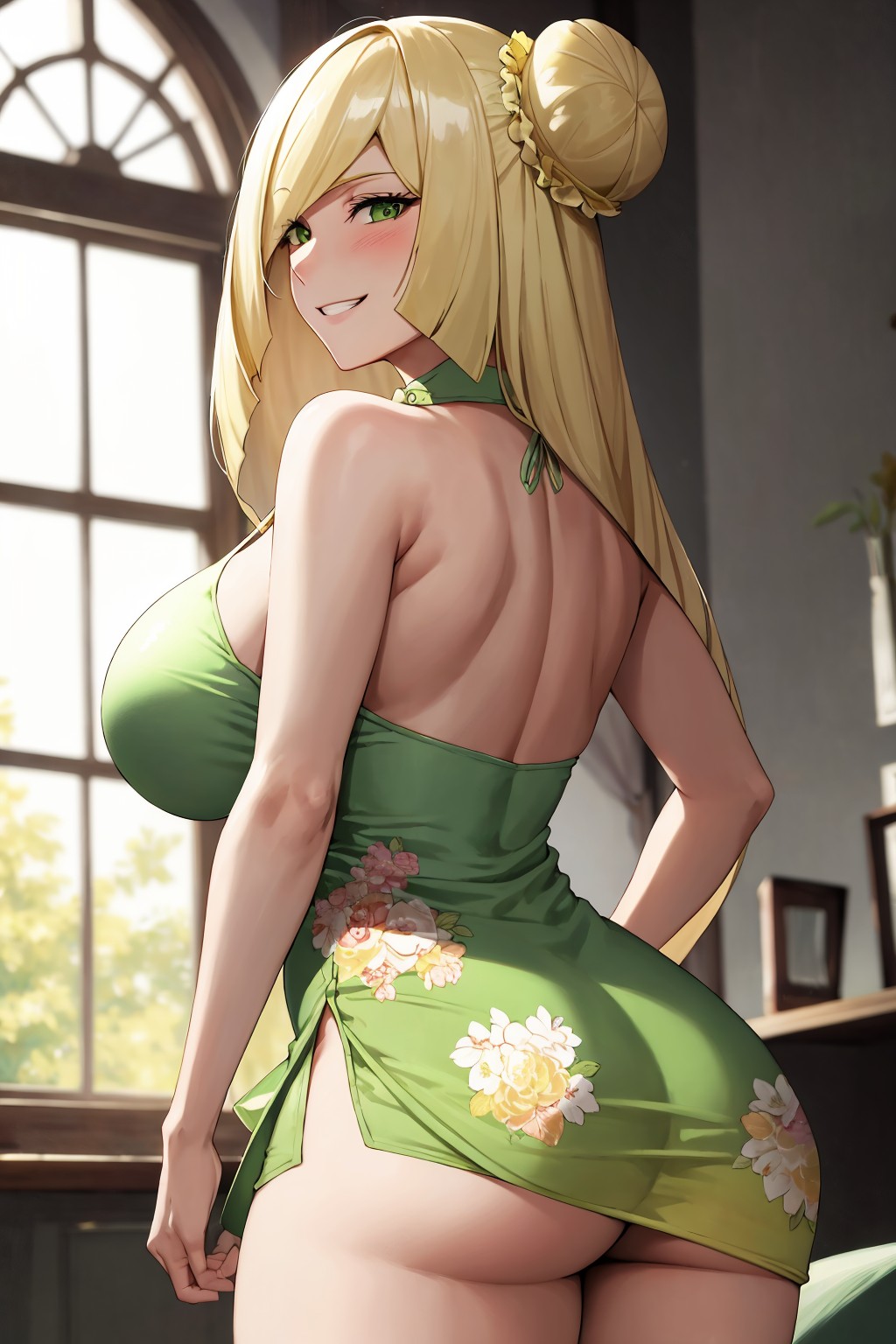 ai generated, ass, blonde hair, blush, breasts, chinese clothes, clothing, double bun, female, female only, flyingpancake, game freak, green eyes, hi res, huge breasts, looking at viewer, looking back, lusamine (pokemon), nintendo, pokemon, pokemon sm, smile, voluptuous