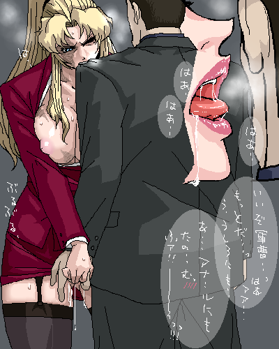 balalaika bite biting black_lagoon blonde_hair blue_eyes breast_squeeze breasts female fingering formal garter_belt heavy_breathing large_breasts lips lowres nipple_slip nipples pussy_juice saliva scar sorashu suit thighhighs tongue translation_request visible_breath