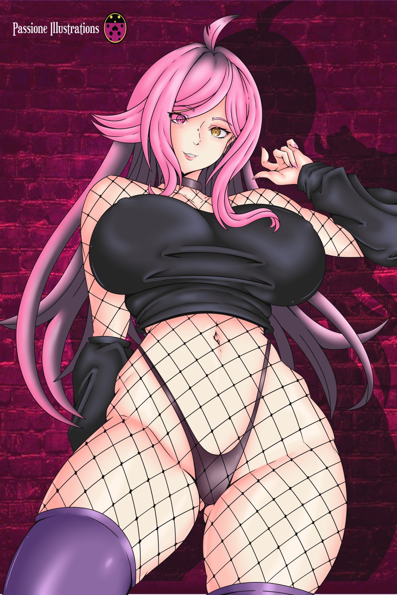 1girls, belly button, big breasts, breasts, female, female focus, female only, fishnet, front view, goth, goth girl, heterochromia, high resolution, highres, huge breasts, indie virtual youtuber, latam virtual youtuber, light skin, light-skinned female, long hair, looking at viewer, neneefthy, pink hair, pink nails, smile, smiling at viewer, solo, solo female, standing, thighhighs, thighs, thong, virtual youtuber, voluptuous, voluptuous female, vtuber, vtuberfanart