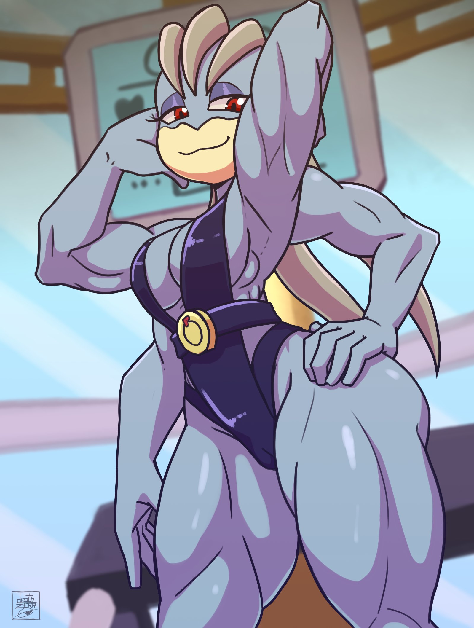 2022, armpits, breasts, clothed, deathzera, female, female machamp, fingers, half-closed eyes, hi res, humanoid, latex, looking at viewer, machamp, multi arm, multi limb, muscular, muscular female, muscular humanoid, narrowed eyes, nintendo, pokémon (species), pokemon, pokemon (species), red eyes, self upload, signature, smile, solo, tagme, video games