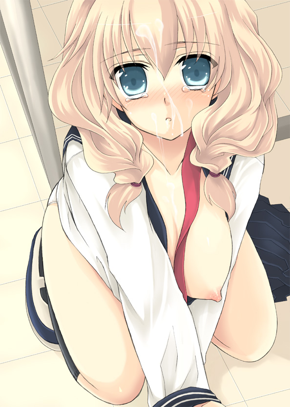 blue_eyes breasts cum cum_on_hair facial kneeling long_hair open_clothes open_shirt original sakurai_unan school_uniform serafuku shirt straight_hair tears