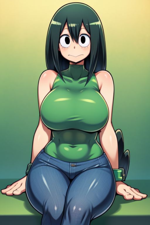 ai generated, breasts, female, green hair, huge breasts, jeans, looking at viewer, my hero academia, simple background, tsuyu asui