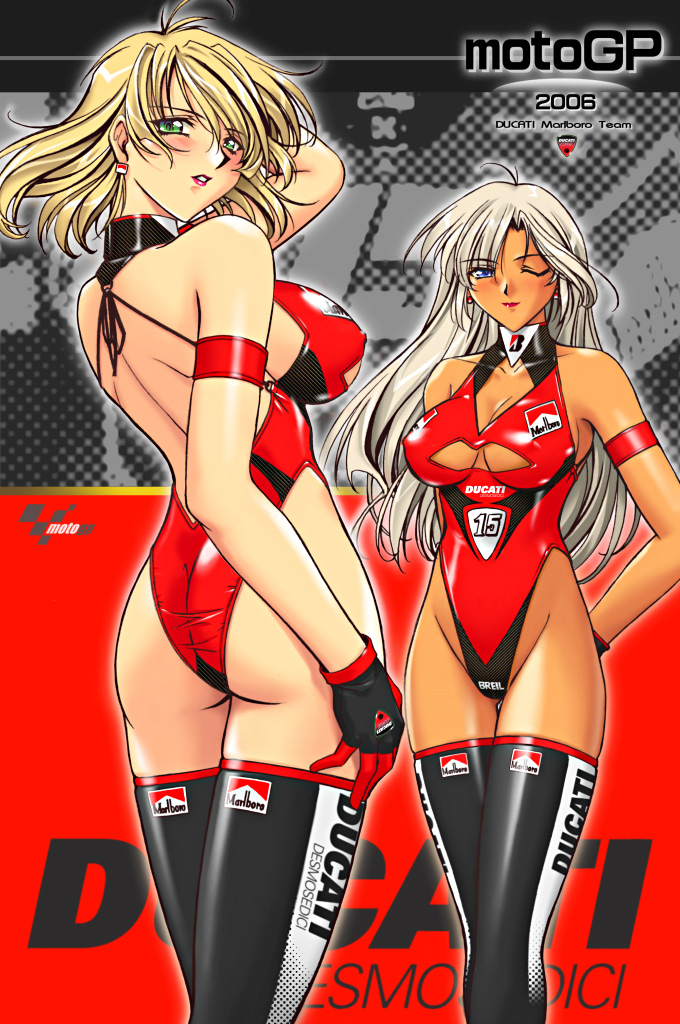 2girls armband ass blonde_hair blue_eyes breasts ducati_motor_(company) earrings gloves green_eyes large_breasts leotard lipstick long_hair looking_at_viewer makeup marlboro moto_gp r1 race_queen red_leotard short_hair thighhighs white_hair