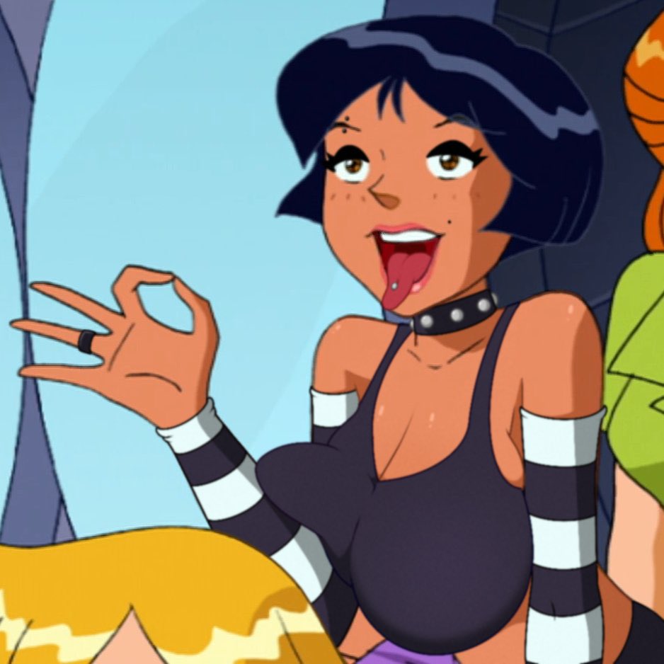 1girls alex_(totally_spies) arm_warmers big_breasts black_hair blonde_hair breasts brown_eyes cleavage collar ebony edit eyeshadow fellatio_gesture female female_focus female_only hair huge_breasts large_breasts lips makeup nerota open_mouth orange_hair piercings round_breasts screenshot screenshot_edit short_hair slim slim_waist striped_armwear striped_sleeves tongue tongue_out tongue_piercing totally_spies yellow_eye