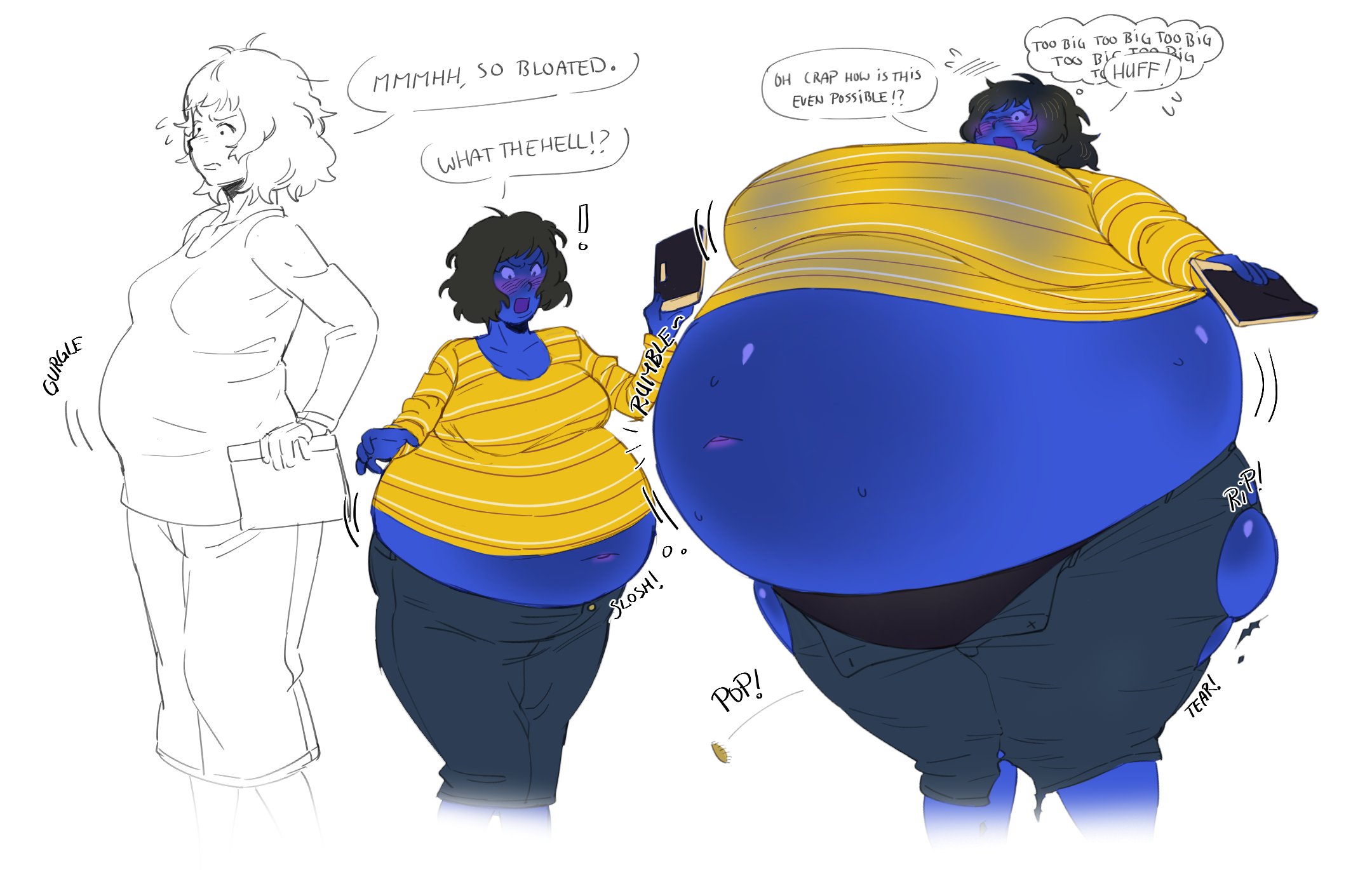 1girls, belly, belly expansion, blue skin, blueberry inflation, female, inflation, milk10pm, persona, persona 5, ripped clothing, sadayo kawakami, speech bubble, talking, talking to self, text, text bubble, thought bubble