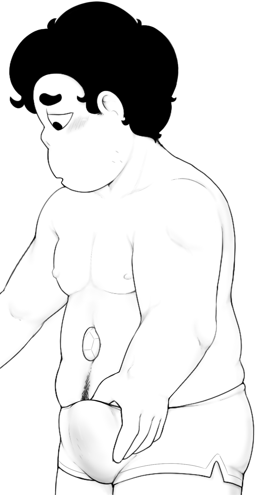 1boy 1male ball_bulge balls_under_clothes black_and_white black_eyes black_hair blush bulge bulge_through_clothing chubby chubby_male chunky cock_bulge digital_drawing_(artwork) digital_media_(artwork) erect_penis erection erection_in_underwear erection_under_clothes erection_under_underwear gem gem_(species) half_naked hand_on_underwear human hybrid line_art male_breasts male_nipples male_only muscular muscular_male nude_male panting penis_bulge plump pubes pubic_hair puffy_hair short_hair shorts sketch solo solo_male standing steven_quartz_universe steven_universe stubble underwear underwear_only white_background young young_male