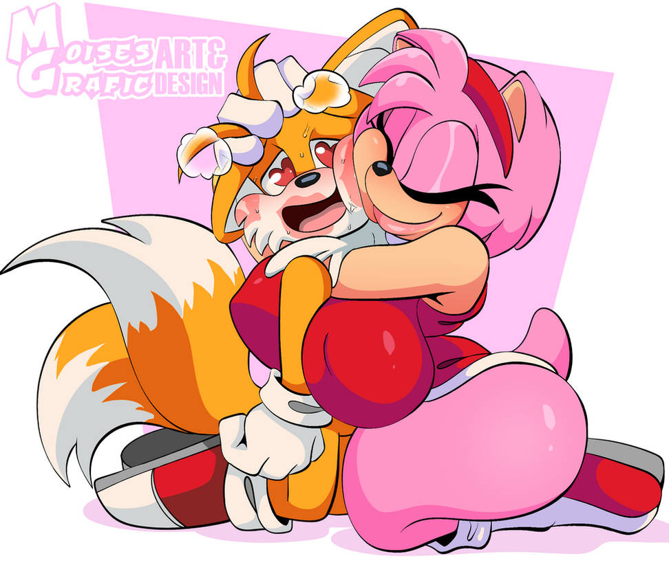 amy rose, anthro, between breasts, big breasts, breasts, exposed torso, female, footwear, handwear, heart eyes, hugging, in love, kiss mark, lipstick, male, moisesgrafic, older female, smothering, sonic (series), sonic the hedgehog (series), tails, tails the fox, wholesome, younger male