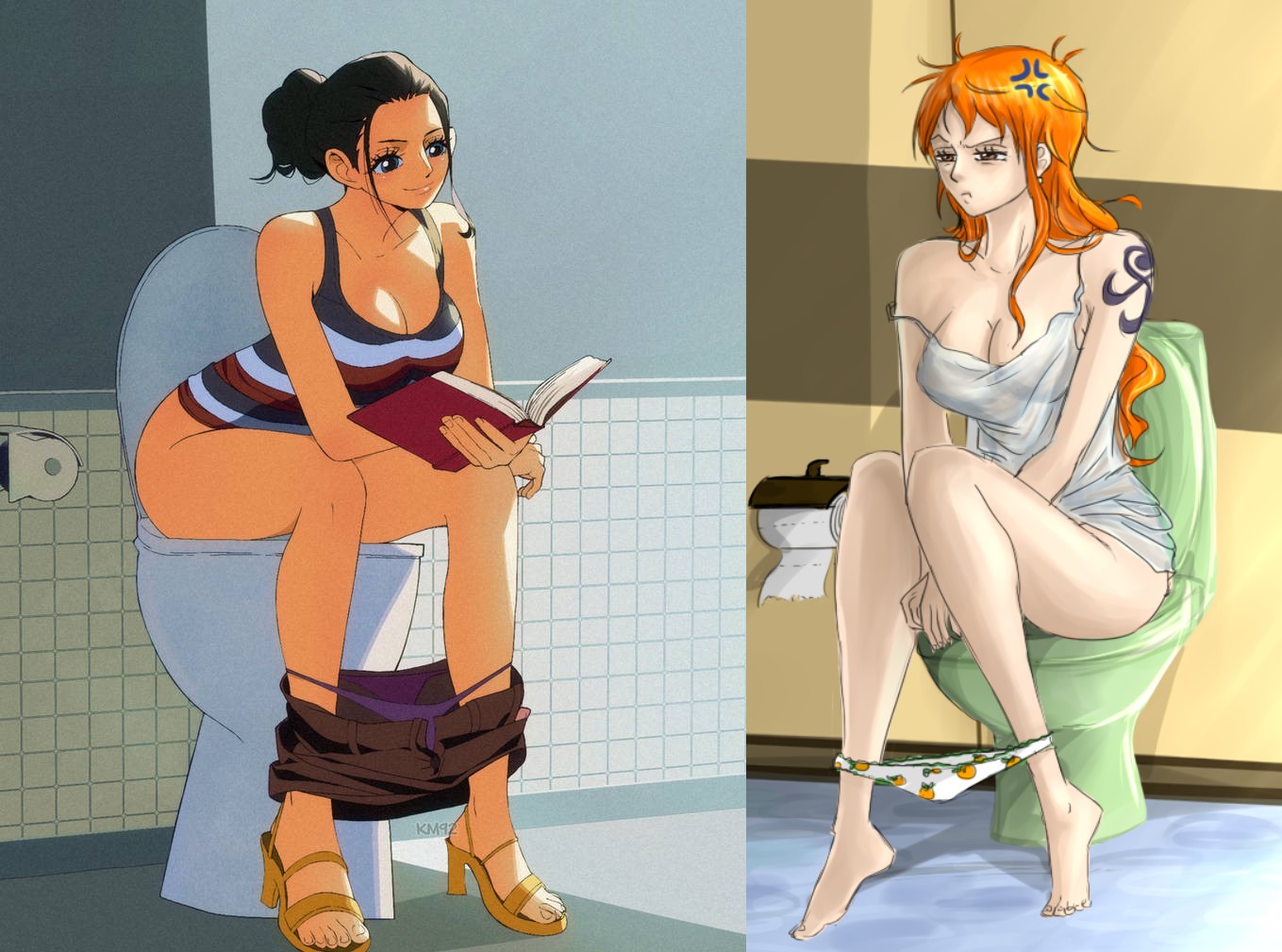 2girls, arm tattoo, artist request, black hair, black-haired female, blue tattoo, female, female only, nami (one piece), nico robin, no panties, one piece, orange hair, orange-haired female, post-timeskip, tattoo, toilet, toilet use