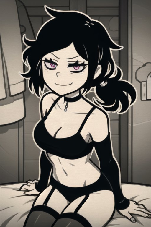 ai generated, arm warmers, ashley graves, black hair, bra, breasts, choker, cleavage, collarbone, female, garter straps, goddess azazel, hair, half-dressed, heart-shaped pupils, large breasts, legs together, looking at viewer, naughty face, panties, ponytail, purple eyes, sitting, smiling, smug, smug face, solo, stockings, the coffin of andy and leyley, thick thighs, thighhighs, tied hair, underwear, white body