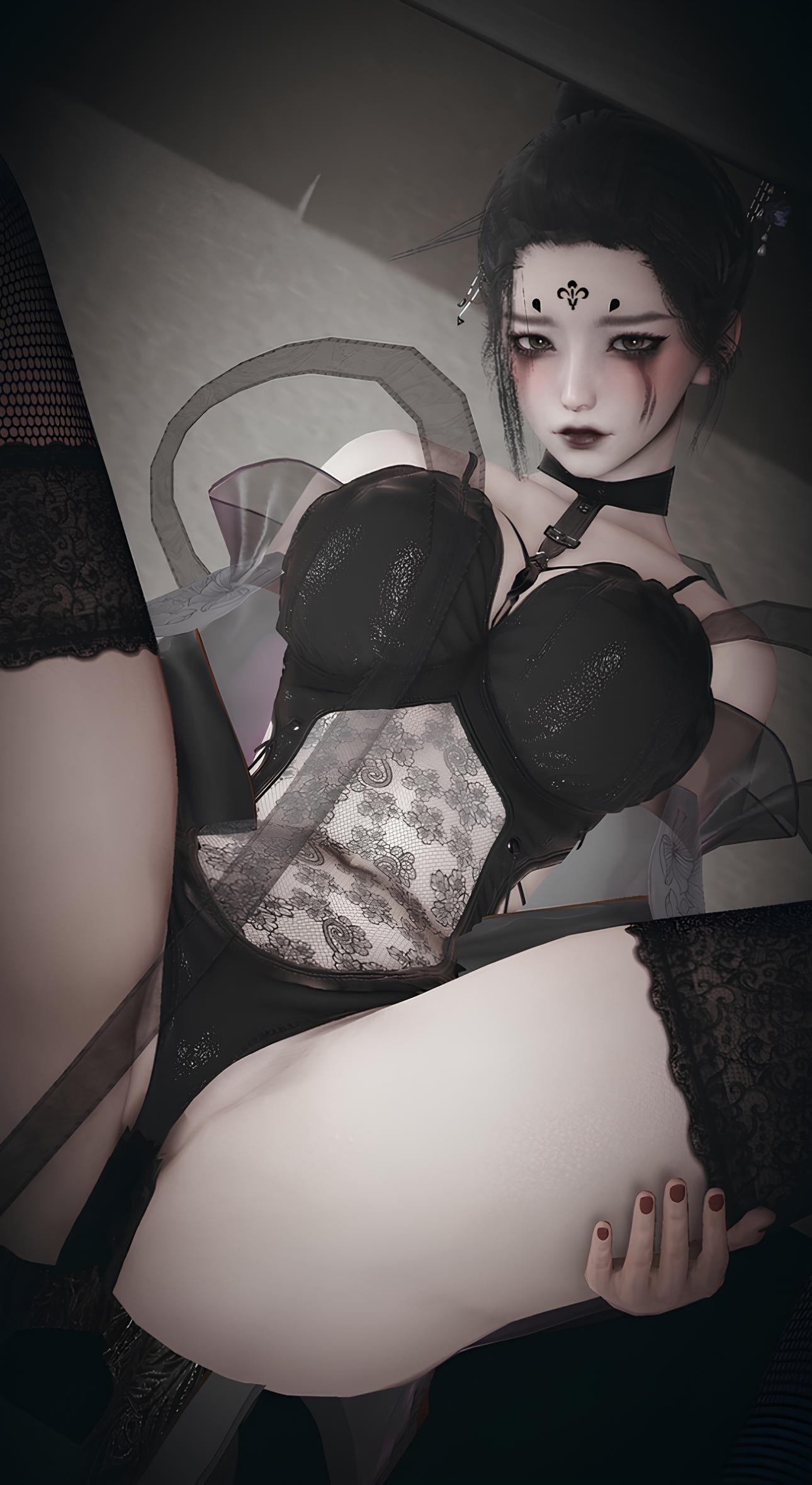 1girls 3d 4th_spider_sister black_markings black_myth:_wukong blush chinese_mythology large_breasts lingerie looking_at_viewer makeup red_nails stockings thick_thighs