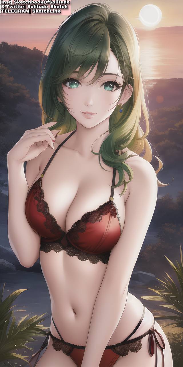 ai_generated ai_hands anime anime_style big_breasts bra breasts female female_human female_only girl girls green_eyes green_hair long_hair panties red_bra red_panties red_underwear slim_waist soli_sketch underwear waist