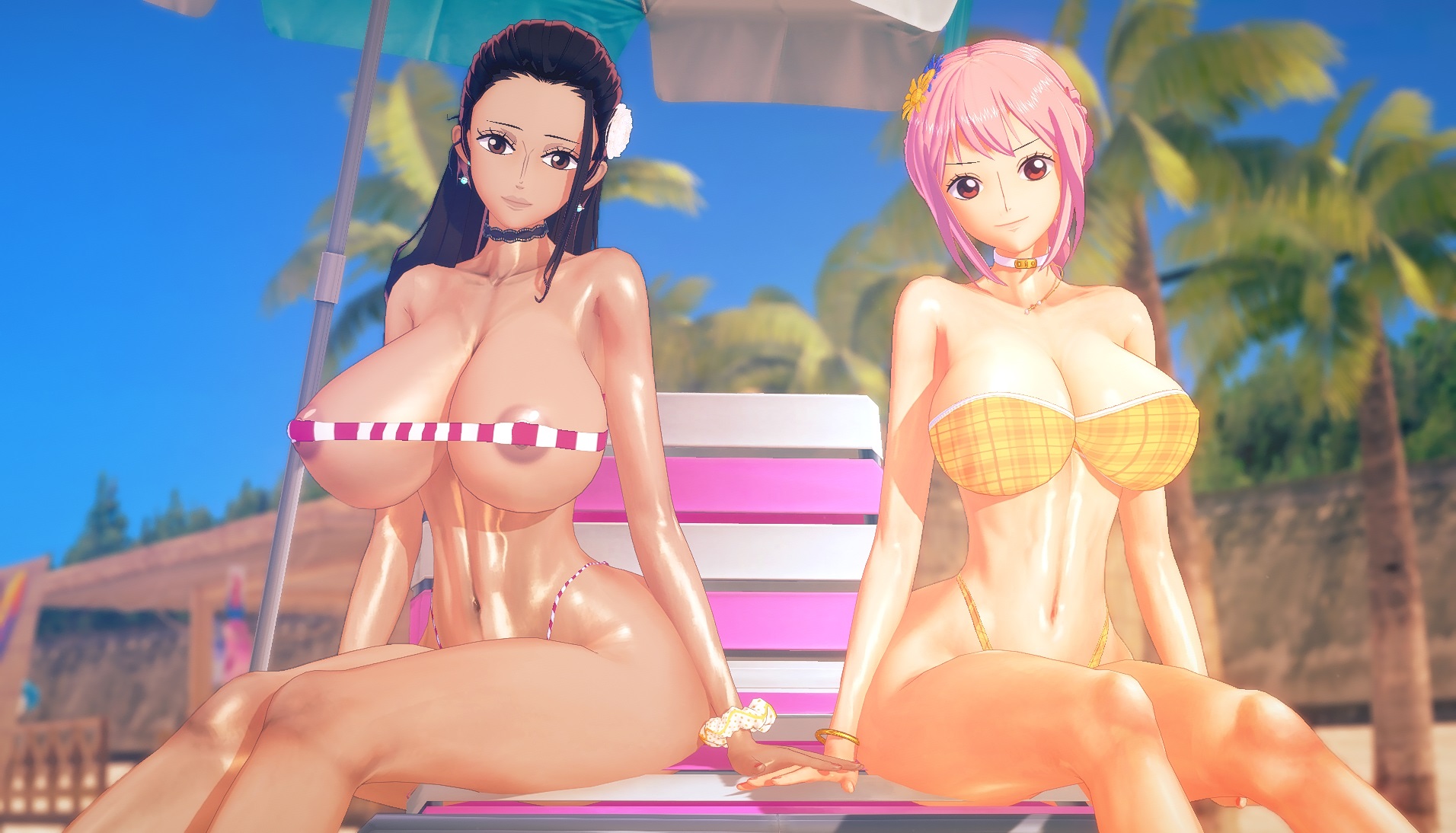 2girls, 3d, areolae, artist request, beach, bikini, breasts, brown hair, brown-haired female, female, female only, huge breasts, koikatsu, nipple slip, one piece, pink hair, pink-haired female, rebecca (one piece), solo female, viola (one piece)