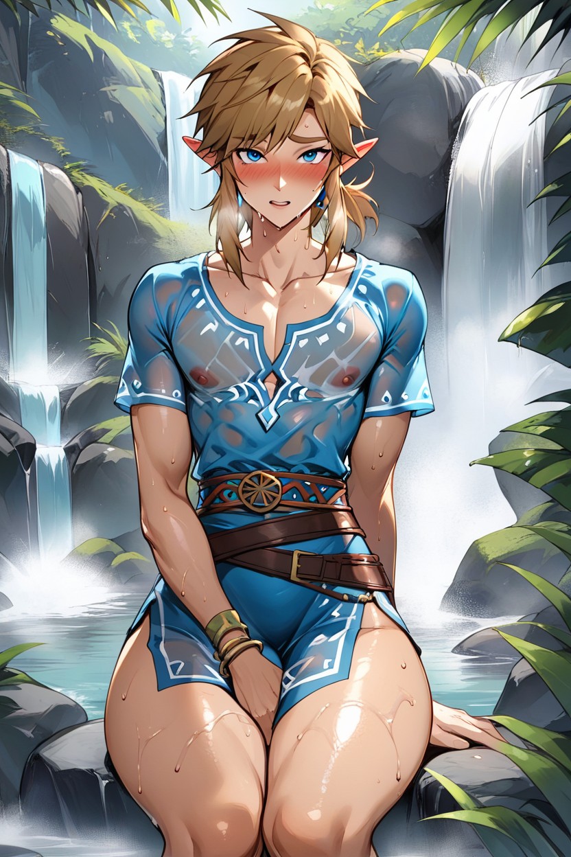 ai generated, ass, big ass, blush, bottomless, breath of the wild, embarrassed, femboy, femboy focus, femboy only, hand on penis, hiding erection, horny, horny male, knees together, legs together, link, link (breath of the wild), male, penis, pointy ears, rcally, see-through, see-through clothing, sitting, the legend of zelda, thick thighs, trap, water, waterfall, wet clothes, wet clothing, wide hips