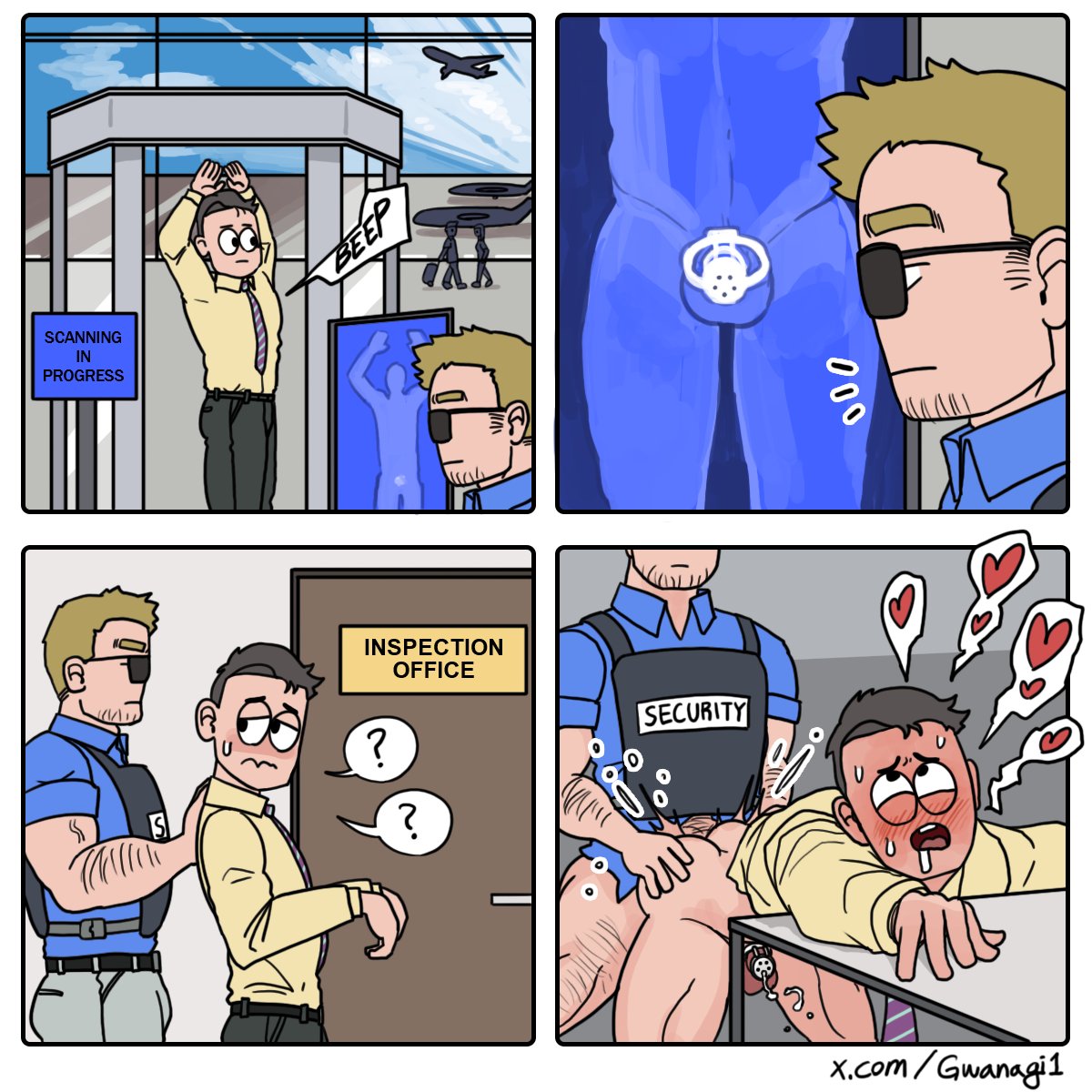 2boys, airport, airport security, anal, anal sex, bending over, bent over, big dom small sub, caught, chastity cage, chastity device, dilf, english, english text, erect penis, erection, facial hair, gay, gay anal, gay domination, gay sex, glasses, guard, gwanagi, horny, inspection, loss, male, male focus, male only, male/male, muscular, muscular male, nude, nude male, on table, pleasure face, punishment, security, security guard, sunglasses, text, uniform, x-ray, x-ray view, x-ray vision, yaoi