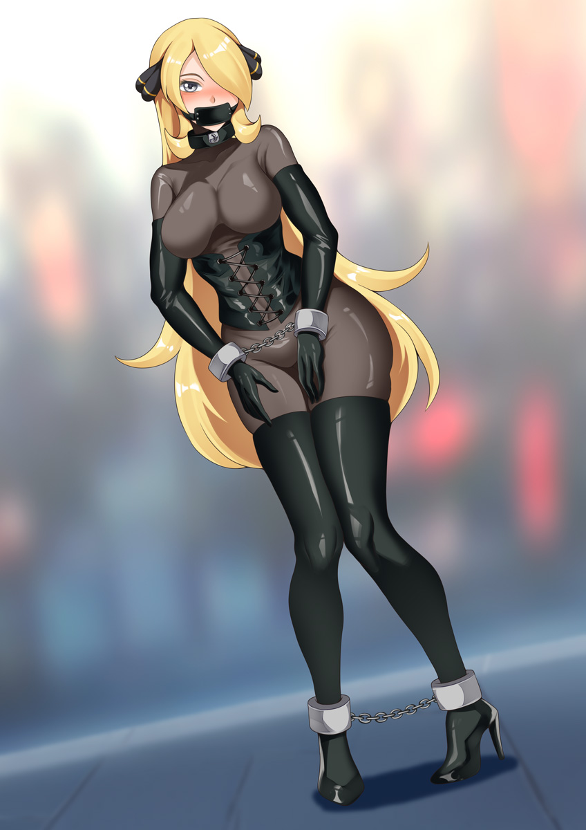 1girls alternate_version_at_source alternate_version_available ankle_cuffs black_legwear blonde_hair blurry_background blush bodysuit bondage boots bound bound_ankles bound_wrists breasts chains collar commentary contrapposto corset creatures_(company) cynthia_(pokemon) defeated diagonal_angle elbow_gloves female female_only femsub full_body gag gagged game_freak gloves grey_eyes hair_ornament hair_over_one_eye handcuffed handcuffs haryudanto hi_res high_heel_boots high_heels highres humiliation jpeg latex long_hair looking_at_viewer medium_breasts more_at_source nintendo pokemon pokemon_dppt shackles shiny_clothes sidelocks skin_tight solo standing thigh_boots tight_clothing very_long_hair