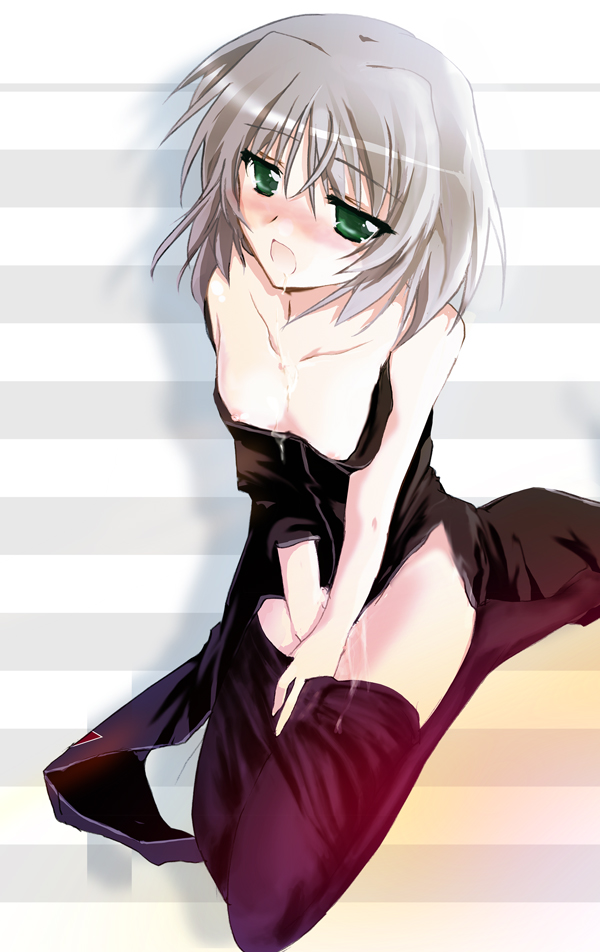 black_legwear black_pantyhose blush clothed_masturbation clothing flat_chest green_eyes kimura_chiruno masturbation nipples pantyhose saliva sanya_v_litvyak short_hair silver_hair strike_witches undressing