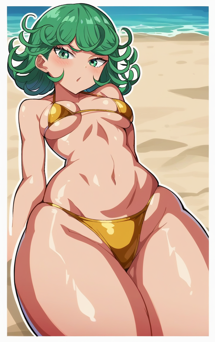 1girls, ai generated, ashaa, beach, beach background, bikini, bikini bottom, bikini top, breasts, female, female only, golden bikini, green eyes, green hair, laying on ground, medium breasts, one-punch man, outline, short hair, solo, tatsumaki, thick thighs