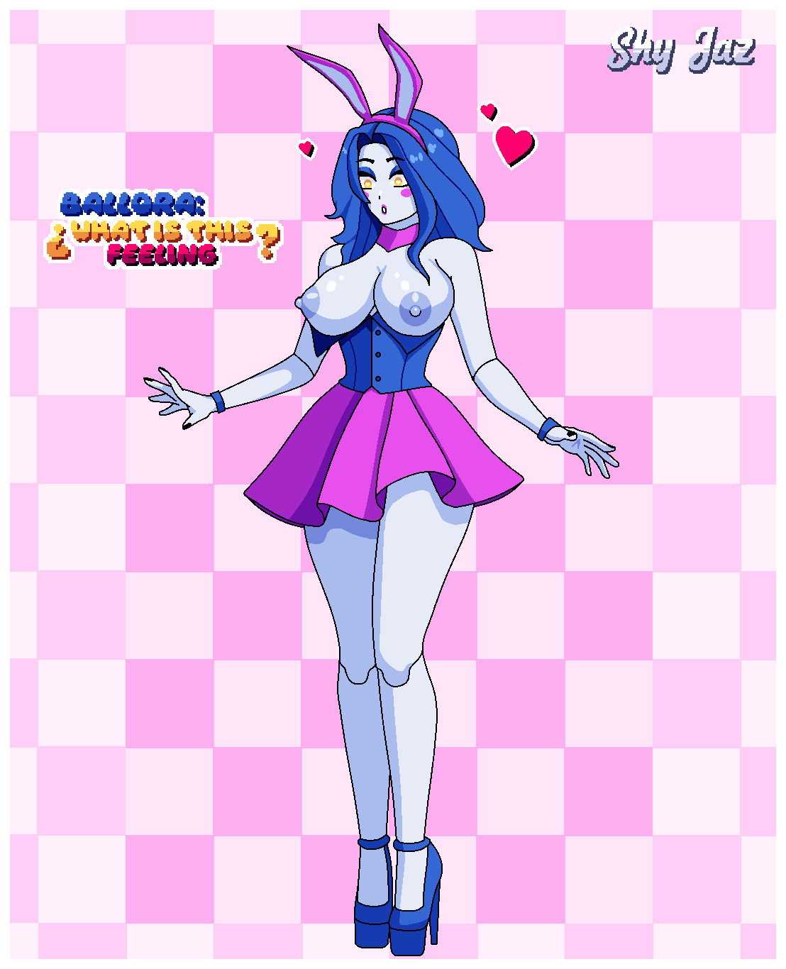 animatronic ballora ballora_(fnafsl) blue_eyeshadow blue_hair blue_heels blue_vest blush breasts bunny_ears bunnysuit choker excited exposed exposed_breasts eyeshadow five_nights_at_freddy's five_nights_at_freddy's:_sister_location heart heart_eyes heels lipstick medium_hair pink_lipstick pink_skirt robot robot_girl shy_jaz simple_background skirt standing text vest yellow_eyes