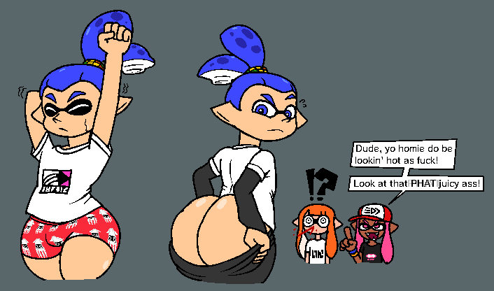 !?, 1boy, 2girls, alternate ass size, arm up, ass, ass focus, ass too big, bare ass, big ass, black pants, black shirt, blooper, blue hair, bottom heavy, bottomwear, boxers, boxers (clothing), bracelet, bubble ass, bubble butt, bulge, bulge through clothing, cap, cephalopod, cephalopod eyes, cephalopod humanoid, closed eyes, clothed, clothing, curvaceous, curvy, curvy figure, curvy male, dark skin, dark-skinned female, english text, fangs, female, femboy, feminine male, fully clothed, gay, grey background, hairband, hat, headwear, huge ass, humanoid, inkling, inkling boy, inkling girl, john (splatoon), kaori (splatoon), large ass, laura (splatoon), light skin, light-skinned female, light-skinned male, long ears, long hair, long sleeves, looking at another, looking back, looking down, male, male focus, marine, marine humanoid, mario (series), motion lines, multiple girls, nintendo, no underwear, nosebleed, open mouth, orange hair, pants, partially clothed, pattern clothing, pattern underwear, pink eyes, pink hair, pointing, ponytail, pseudo hair, raised arm, raised eyebrow, red boxers, red cap, red underwear, sharp teeth, shiny ass, shiny butt, shiny hair, shiny skin, shiny thighs, shirt, short sleeves, solo focus, speech bubble, splatoon, squid, squid boy, squid girl, squid humanoid, standing, stretching, super mario bros., super mario bros. (nes), sweat, sweatdrop, tentacle, tentacle hair, text, thewastetunnels, thick thighs, thighs, tied hair, tight clothing, tight fit, topwear, trio, underwear, voluptuous, voluptuous femboy, voluptuous male, white eyes, white shirt, wide eyed, wide hips
